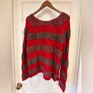 Free People Red & Gray Striped Knit Sweater
